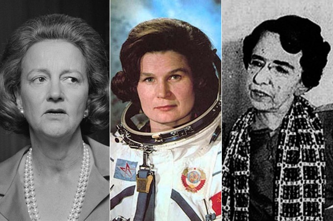 Da esq. para a dir.: Katharine Graham, Valentina Tereshkova e Myrthes Gomes de Campos (Getty Images/Reprodução/Reprodução/MdeMulher)