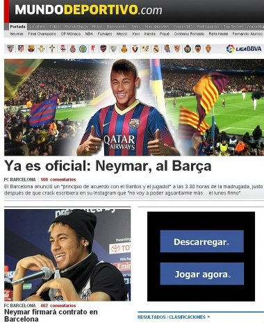 Neymar vai assinar contrato com o Barcelona nesta segunda-feira O jornal catalão Mundo Deportivo já traz o atacante com a camisa do Barcelona Reprodução