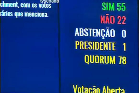 Por 55 a 22 votos, Senado abre processo de impeachment e afasta Dilma Placar eletrônico do Senado mostra resultado da votação da admissibilidade do processo de impeachment no plenário do SenadoTV Senado
