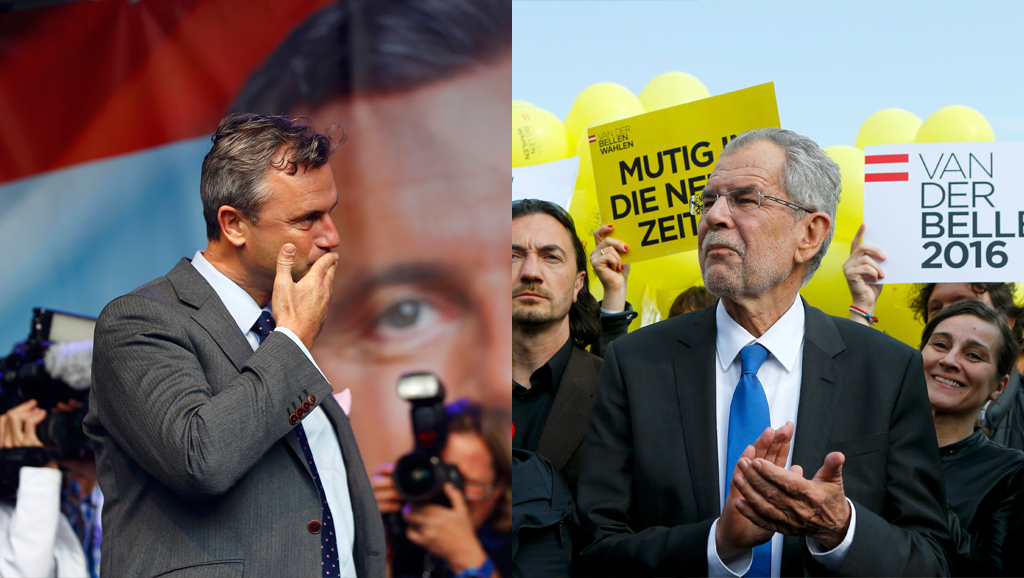 Disputa: candidato da extrema-direita e rival ecologista em igualdade O candidato ecologista Alexander Van der Bellen( à direita) e o candidato da extrema-direita, Norbert Hofer( à esquerda). Maio de 2016.