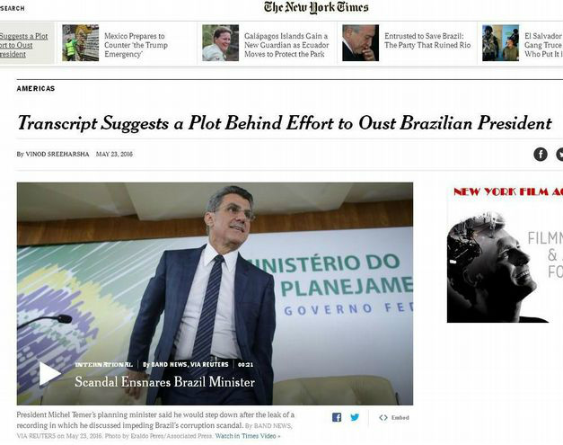 Após áudios de Jucá, principais jornais do mundo falam em "golpe" no Brasil The New York Times