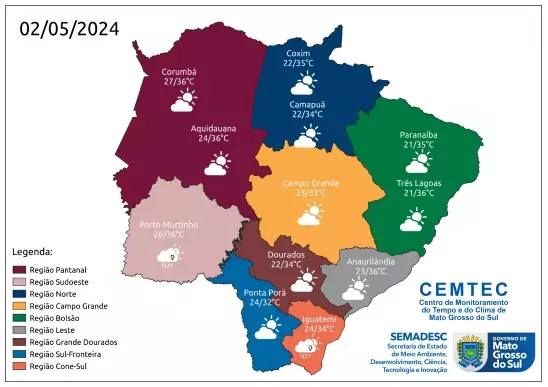 Com chegada de frente fria nesta quinta-feira, pancadas de chuvas são esperadas em regiões de MS Com chegada de frente fria nesta quinta-feira, pancadas de chuvas são esperadas em regiões de MS