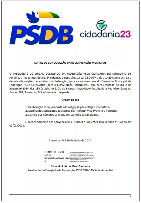 Atos oficiais: Edital de Convocação para Convenção Municipal