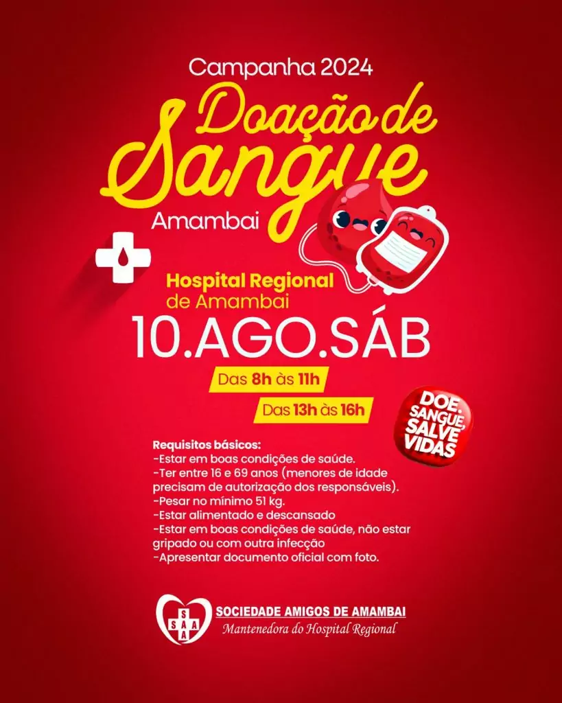 Campanha de Doação de Sangue acontece neste sábado (10) em Amambai Campanha de Doação de Sangue acontece neste sábado (10) em Amambai