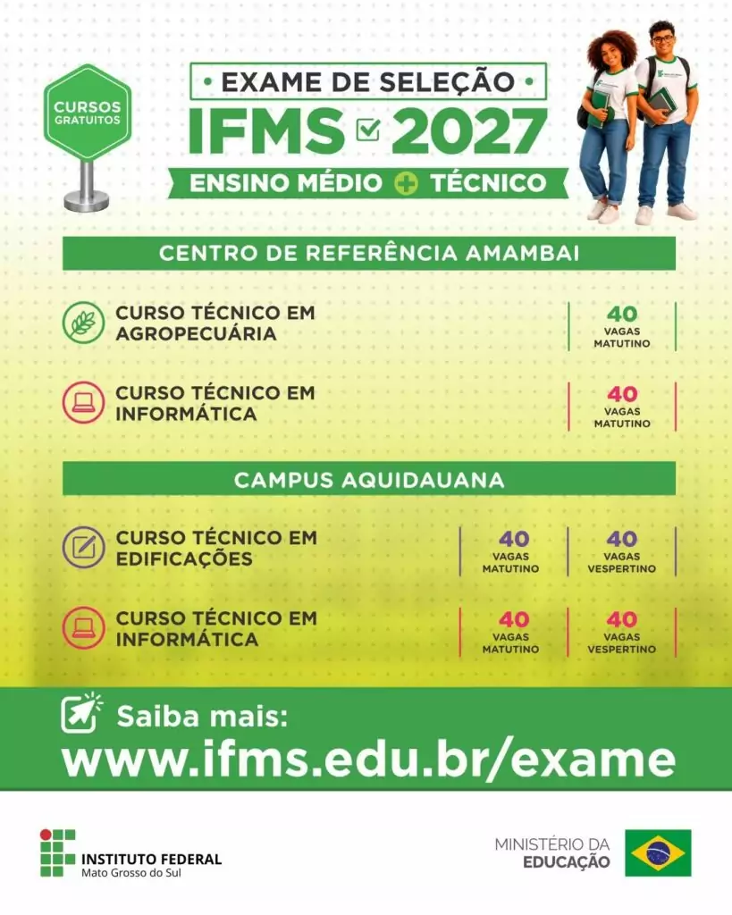 IFMS abre inscrições para o Exame de Seleção 2027 com vagas para Amambai