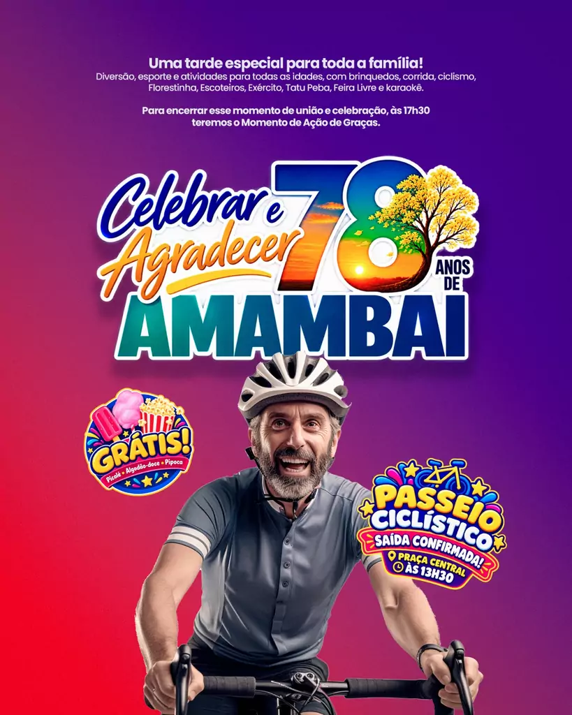 Passeio ciclístico, pipoca e picolé grátis movimentam Amambai nesta segunda-feira (28)